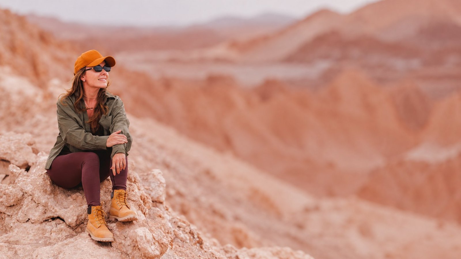Valéria sentada sobre uma rocha no deserto, olhando o horizonte